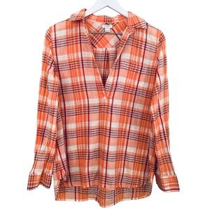 J. Crew 100% Cotton Coral Orange & Blue Plaid Partial Button Down Top Size XS